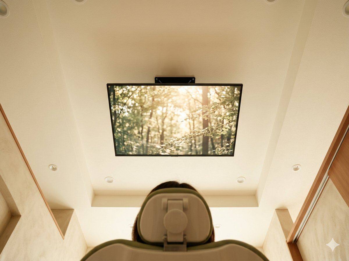55-inch ceiling screen above the dental chair in Waltham sedation dentistry operatory